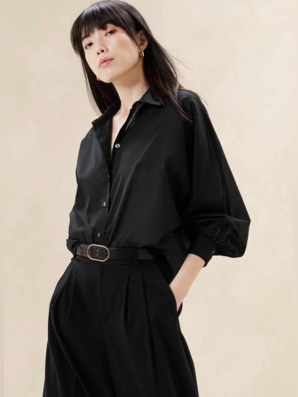 Banana Republic Factory Voluminous Blouse Womens Size Small Black Cotton Voile